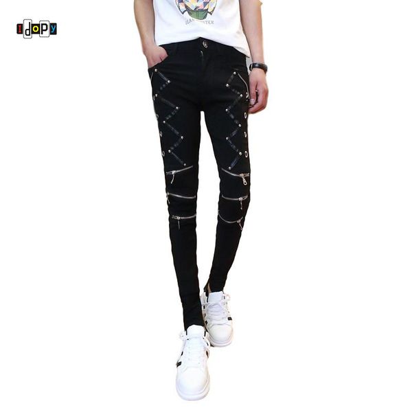 

idopy fashion slim fit pants punk style black patchwork leather zippers dance night club gothic button jeans trouser for men, Blue
