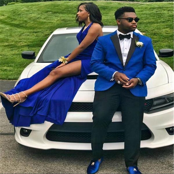 

2019 couple prom royal blue mens suits slim fit two pieces groomsmen wedding tuxedos for men formal prom suit (jacket+pants, Black;gray