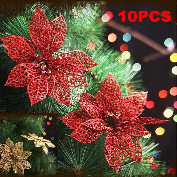 

10pcs/lot christmas tree decorations glitter hollow artificial flower christmas decorations for home weeding new year ornament