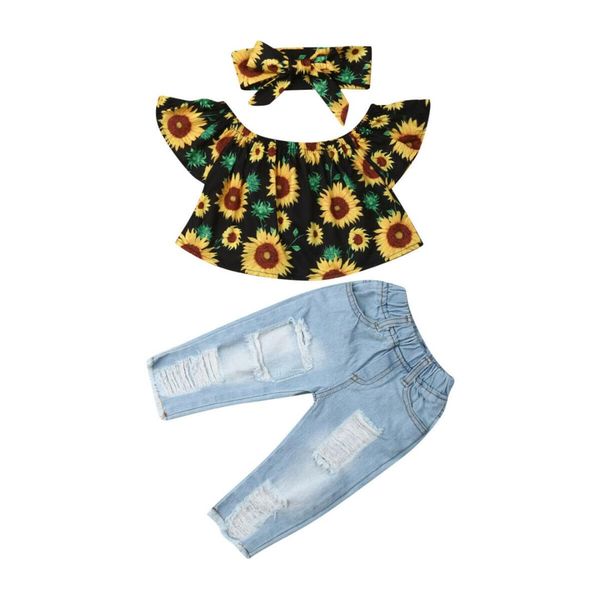 

toddler kids baby girl summer clothes 3pcs sets sunflower +ripped denim pants headband outfits 6m-4y, White