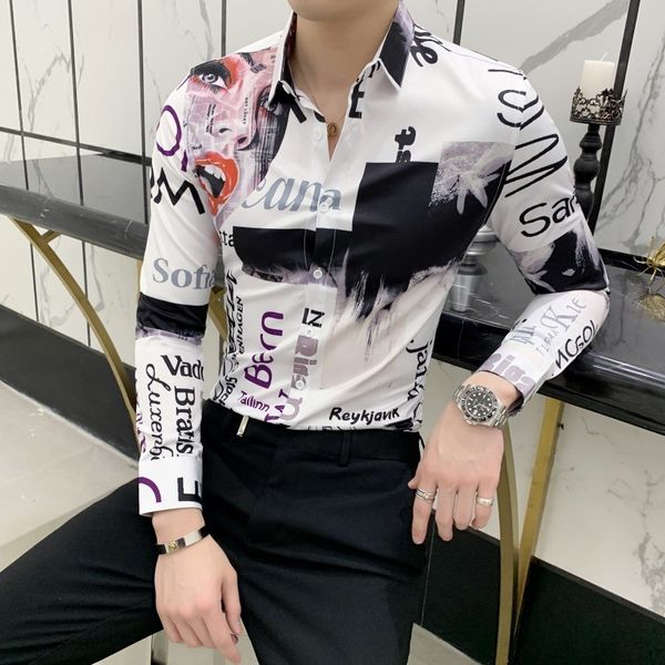 

british style men shirt camisa masculina fashion print tuxedo long sleeve slim fit dress shirts men night club chemise homme, White;black