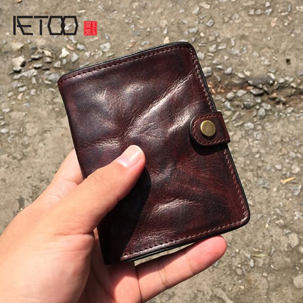 

aetoo retro leather men's small wallet wash wrinkle effect casual money clip can put driver's license head layer cowhide wallet, Red;black