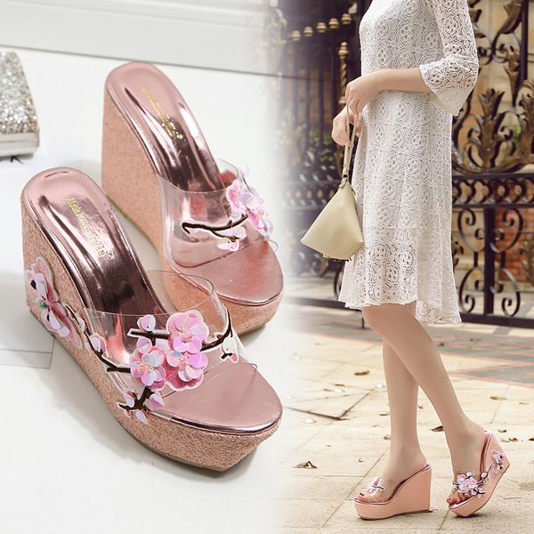 

shoes woman 2020 on a wedge butterfly-knot slippers heels low jelly slides slipers women high soft transparent new pu wedges, Black