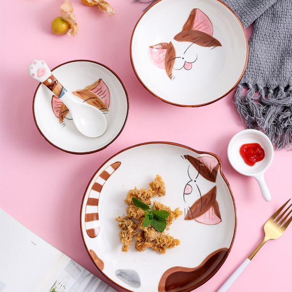 

cute cat ceramic japanese dinner steak food dessert plate dish dinnerware porcelain bowl spoon tableware kid breakfast set gift