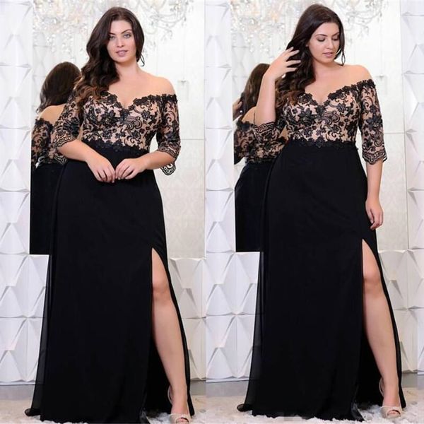 Abiti da sera taglie forti in pizzo nero con mezze maniche al largo della spalla Abiti da sera con spacco laterale Abito da ballo formale in chiffon a-line SD3358