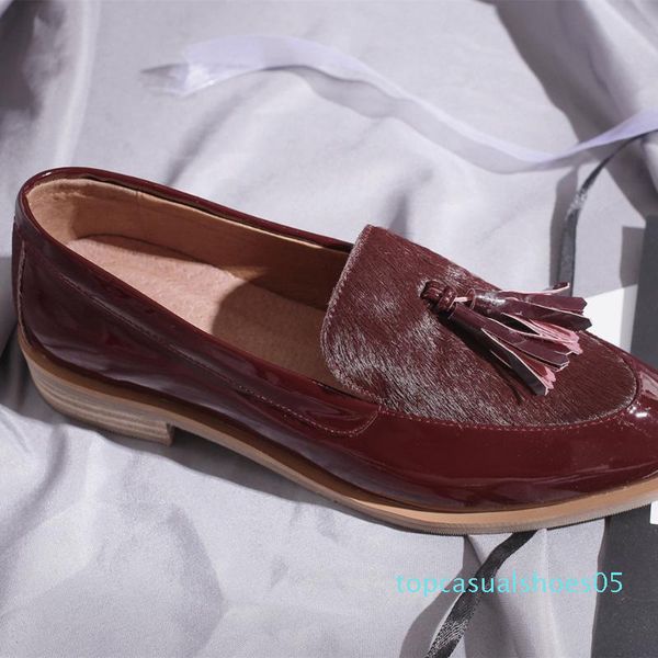 

женская натуральная кожа конский волос пэчворк слип-на квартиры мокасины досуг мягкие удобные эспадрильи бахрома повседневная обувь женщины, Black