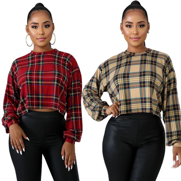 

new vintage fashion blouses ladies long sleeve pullover print plaid crew shirt arrival women crop t neck kgfme, Black