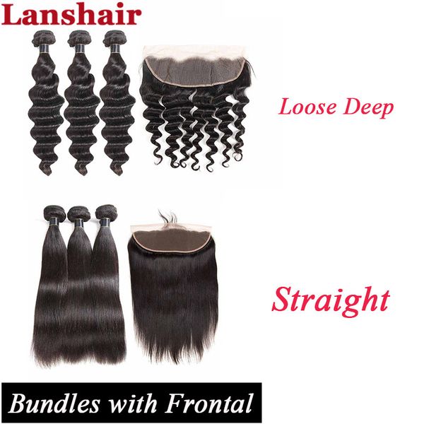 

brazilian loose deep hair bundle with frontal brazilian straight hair bundles with frontal human hair weaves ear to ear lace frontal closure, Black