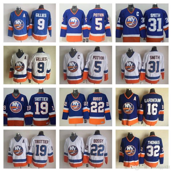 

new york islanders 31 billy smith 5 denis potvin 22 mike bossy 19 rocky trottier 9 clark gillies 32 steve thomas hockey jersey, Black;red