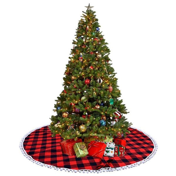 

48 inch christmas tree skirt red and black buffalo plaid tree skirt with pom pom trim for holiday christmas decorations, double