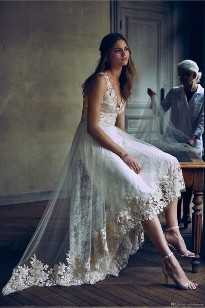 

full lace wedding dresses bhldn v-neck sleeveless elegant champagne high low a-line beach wedding gowns custom made, White
