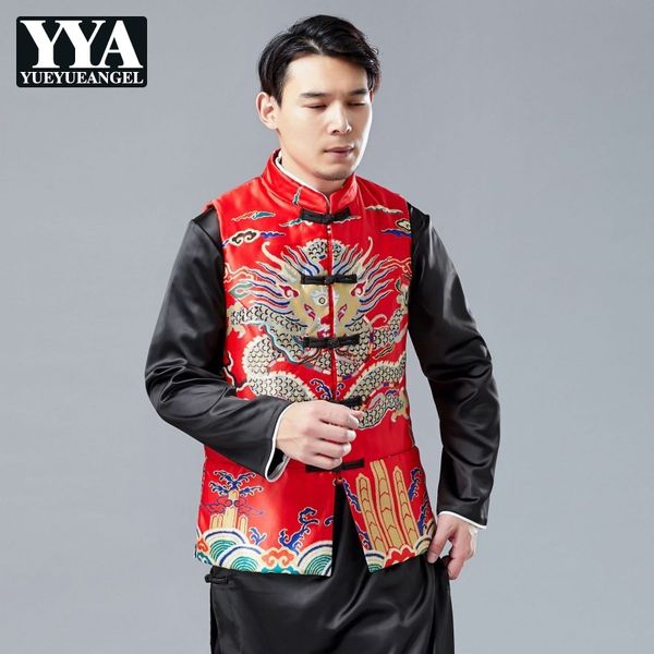 

2019 printing dragon pattern chinese style jackets men fashion sleeveless coats vests brand stand collar waistcoats, Black;brown