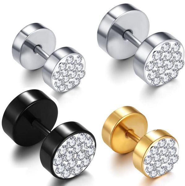 

trendy punk paved cubic zircon crystal round stainless steel earrings men women gothic barbell fake ear plugs stud jewelry statement 3colors, Golden;silver