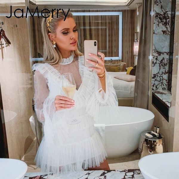 

jamerry vintage mesh polka dot women white dress summer long sleeve bodycon short mini dress elegant celebrity party dress, Black;gray