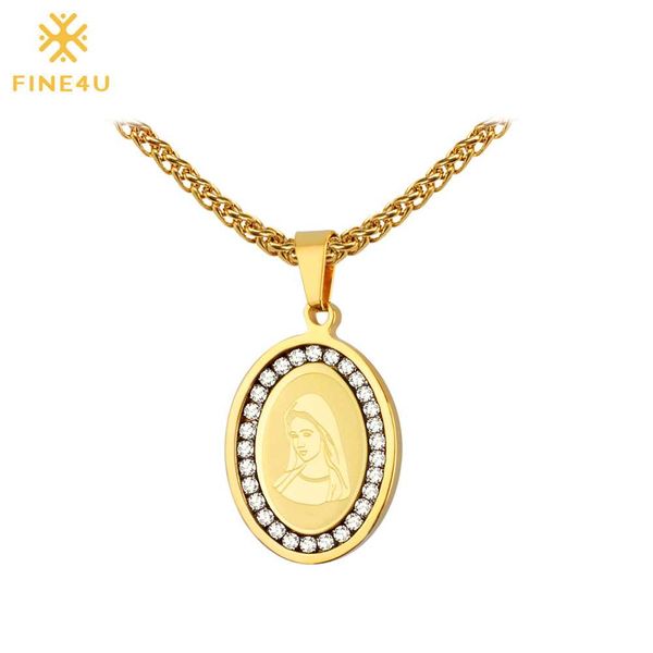 

fine4u n065 virgin mary pendant necklace for women 316l stainless steel chain necklaces cubic zirconia religious jewelry, Silver