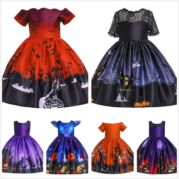 

girl halloween dress 6 design gauze bow one-shoulder bat pumpkin printed cosplay dress kids casual clothes girls baby girl dresses 07, Red;yellow