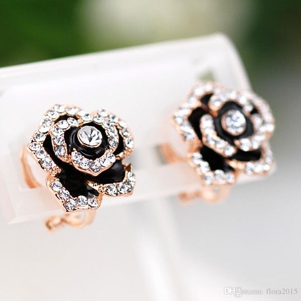 

fashion enamel earrings without piercing ear clip jewelery for women flower design earing bijoux with swarovski elements crystal, Silver