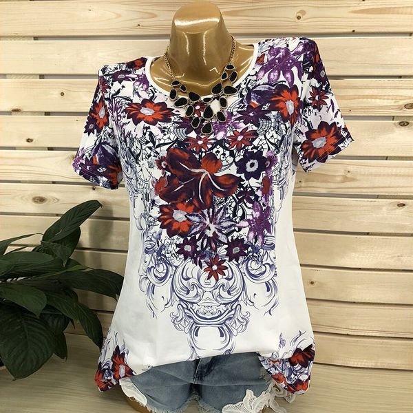 

s-5xl plus size short sleeves v-neck print blouse pullover woman summer shirt tuniki damskie 2019, White