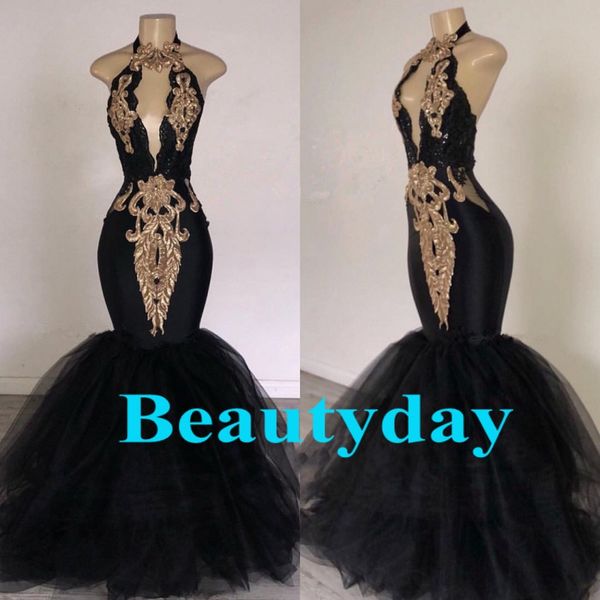 Eleganti abiti da sera in pizzo con applicazioni dorate 2019 con sirena Labourjoisie Dubai Abiti formali Abito da ballo per feste Tulle nero