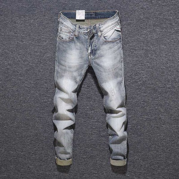 

italian style fashion men jeans retro gray slim fit elastic ripped jeans men denim pants streetwear vintage designer homme, Blue