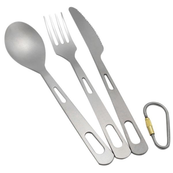 

3 in 1 titanium spoon fork knife cutlery sets with titanium carabiner camping cutlery outdoor tableware spork