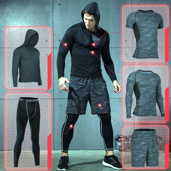 

5pcs/set men's running tracksuit sports suit gym fitness compression clothes running jogging sport wear exercise workout tights, Black;blue