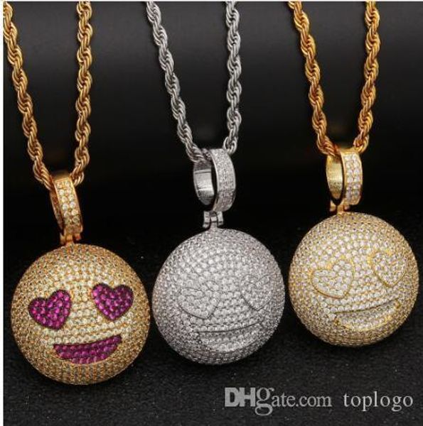 

happy emoji pendant necklace rope chain gold silver color iced out cz men's women hip hop jewelry for gift