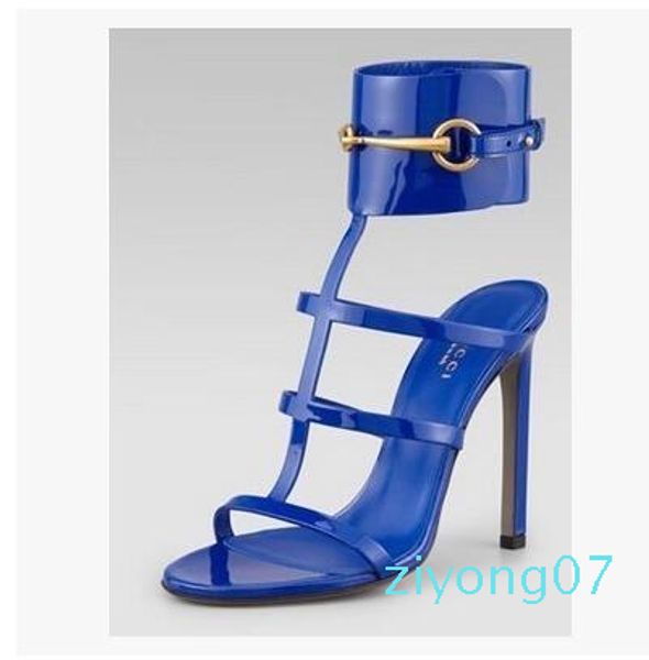 

europe brand ursula sandals red patent leather horsebit ankle-strap sandals high heel big buckle summer dress shoes big size heel  cm z77, Black