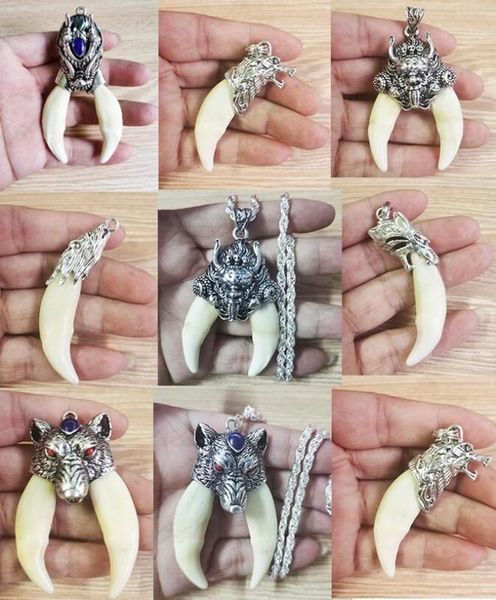 

necklace pendant wolf fangs tooth bone vintage tibetan amulet antiques figurines fashion jewelry vintage long necklace, Silver