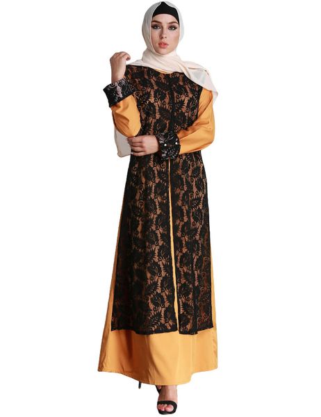 

fashion women muslim dress lace splice long sleeve abaya kaftan islamic arab robe maxi long dress yellow g9783y, Red
