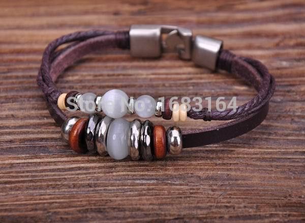 

g78 silver new trendy leather wood & stone beads bangle bracelet cuff men's, White