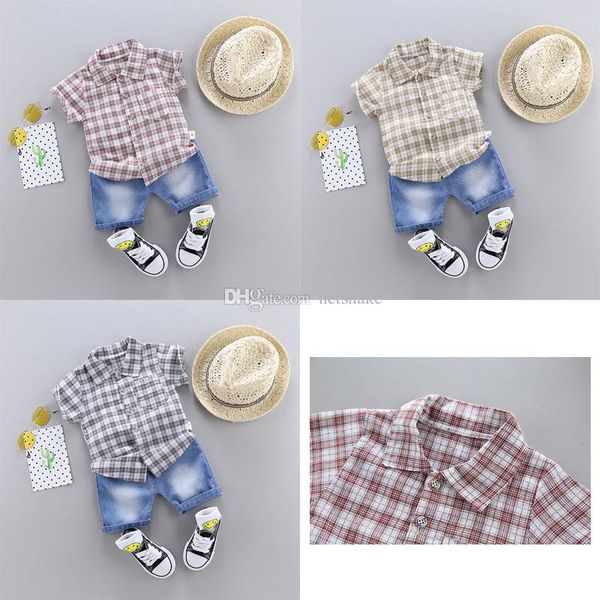 

2019 trend style summer cotton shirt grid pattern with short sleeve shirt and shorts two pieces for boys and girls, White