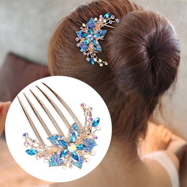 

korean colorful rhinestone flower leaf bridal hair comb for girls crystal hair ornaments jewelry wedding accessories, Golden;white