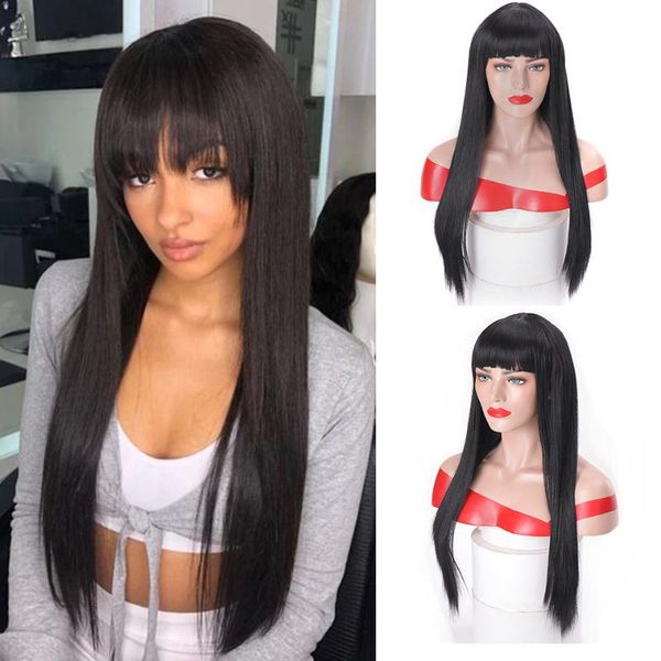 

houyan black long straight wig with bangs for women synthetic hair wigs with bang black brown heat resistant fiber