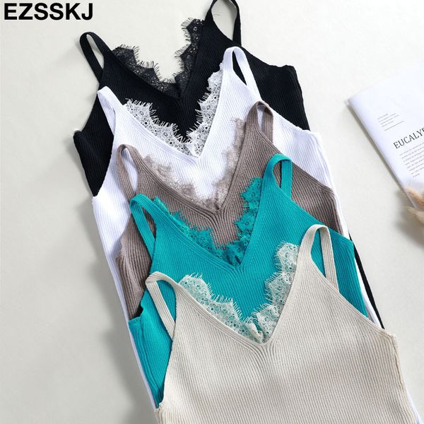 

chic summer lace knit tank women girls camisole v-neck sleeveless t shirt short female basic camis solid knitwear, White