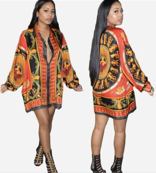 

women designer print blouses casual long sleeve lapel neck shirts fashion loose natural color shirt dresses female clothing, White