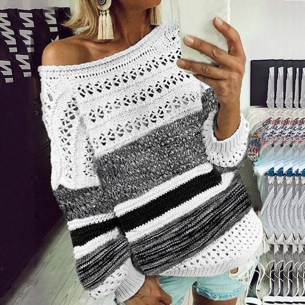 

hollow out knitted sweater autumn off shoulder striped patchwork pullovers winter long sleeve loose jumper pull, White;black