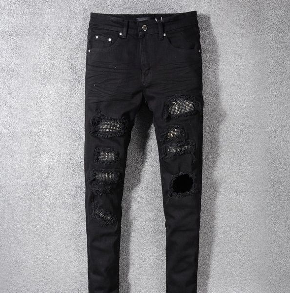 

мужские дизайнерские джинсы модный бренд джинсовые брюки карандаш отверстие паста дрель промытые тонкие брюки рваные проблемные мотоциклетны, Blue