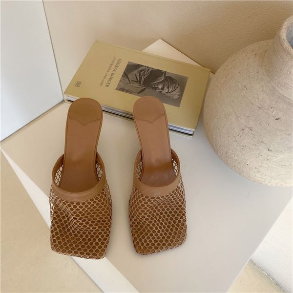 

new hollow breathable mesh woman thin high heels slippers summer vintage square toe sandals mules femme shoes pumps, Black