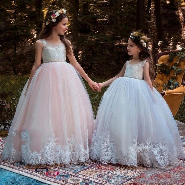 

princess flower girl dresses for wedding party gowns soft tulle crystals bow v back custom made fairy sweep train, Red;yellow
