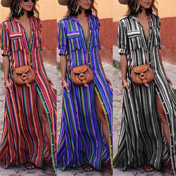 

2019 boho dresses women fashion evening party summer beach sundress striped shirt long maxi dress female vestidos, Black;gray