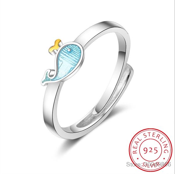 

original exquisite popular beautiful fashion 925 sterling silver jewelry blue whale dolphin crystal opening rings, Golden;silver
