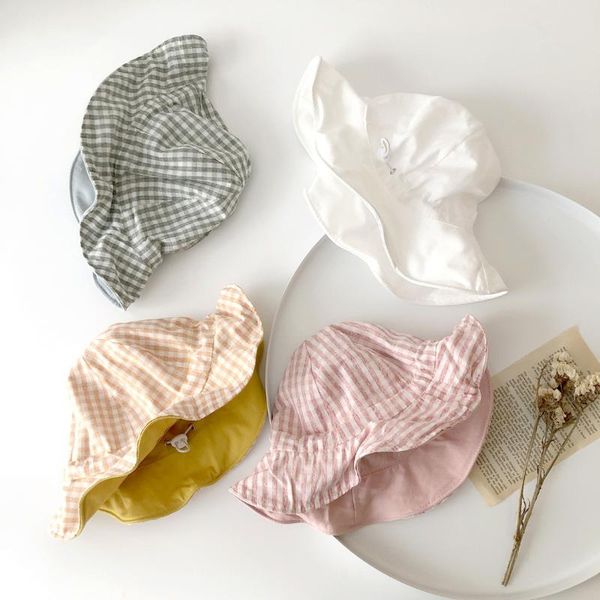

3621 spring summer baby hat double side plaid buckle soft edge fisherman hat baby foldable large edge sun basin, Yellow