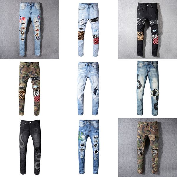 

22 designs ами мужские джинсы дизайнер проблемные ripped байкер камуфляж motorcycle biker denim для мужчин синий hip hop мужские джинсы leop, Blue