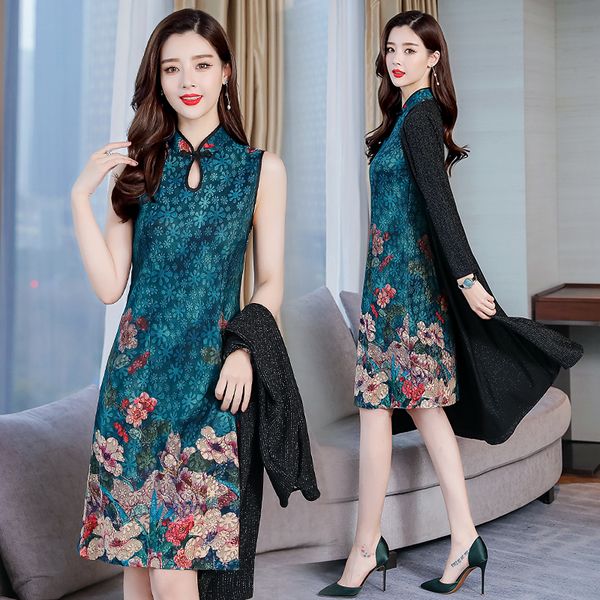 

2019 womens spring summer two piece set vintage elegant long shirt cardigan and sleeveless floral dress suits, White