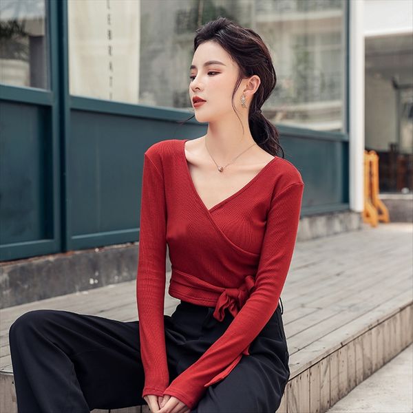 

short t- temperament v-neck female 2020 autumn slim base shirt knitted long sleeve t-shirt fashion, White