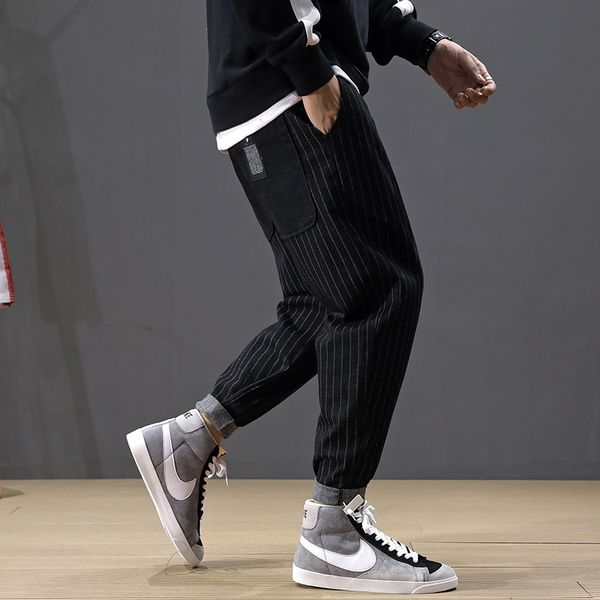 

korean style fashion men jeans loose fit black color stripe harem pants hombre small leg big size 28-42 casual hip hop jeans men, Blue