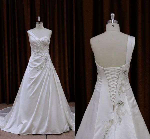 

2019 white satin one shoulder wedding dresses pearls crystal beaded pleats draped lace-up wedding guest dress bridal gowns custom made