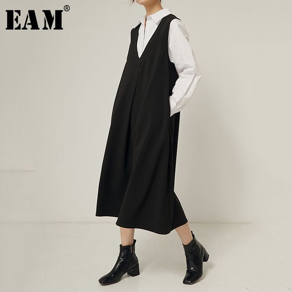 

eam] women black brief big pocket temperament dress new v-neck long sleeve loose fit fashion tide spring autumn 2020 1r568, Black;gray