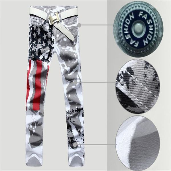 

foreign trade selling american flag printed jeans men's elasticity slim fit casual five-pointed star plus-sized menswear lon, Blue